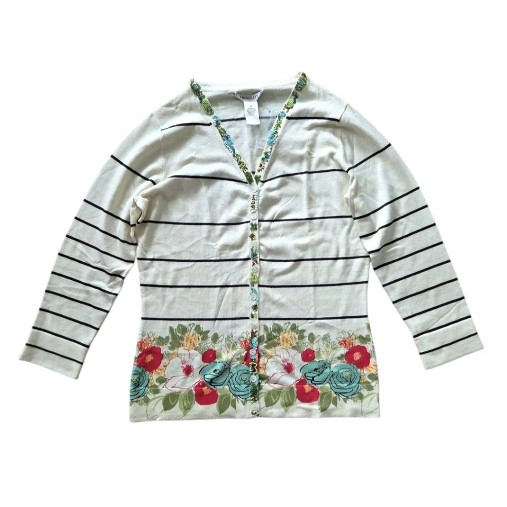 Harold’s Silk Beaded Floral Stripe‎ Cardigan Sweater Women's XS Cottagecore NEW